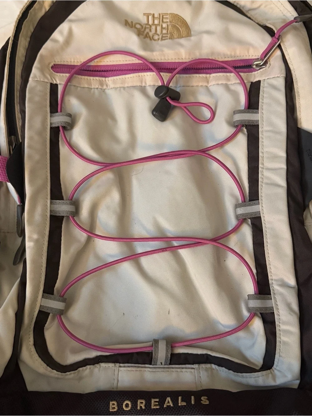 The North Face Borealis Backpack in Light Gray & Black/Brown with Pink Accents